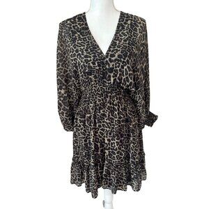 Lovestitch Leopard Print V-Neck Long Sleeve Open Back Ruffle Hem & Smocked Waist